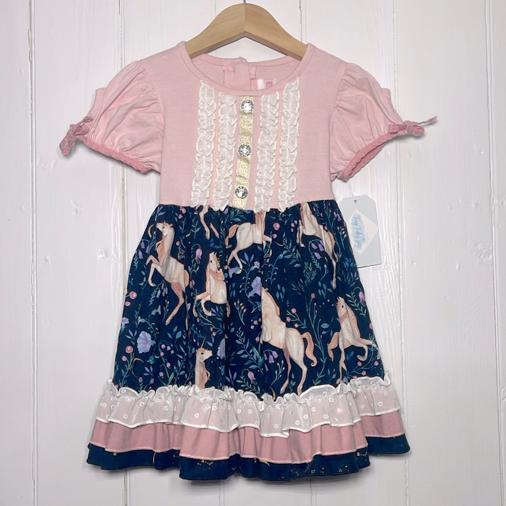 RICRAC & RUFFLES NWOT 100% Cotton Pink Whimsical Lace Trimmed Unicorn Dress